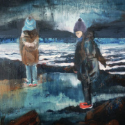Oil pianitng of two girls on rocky beach